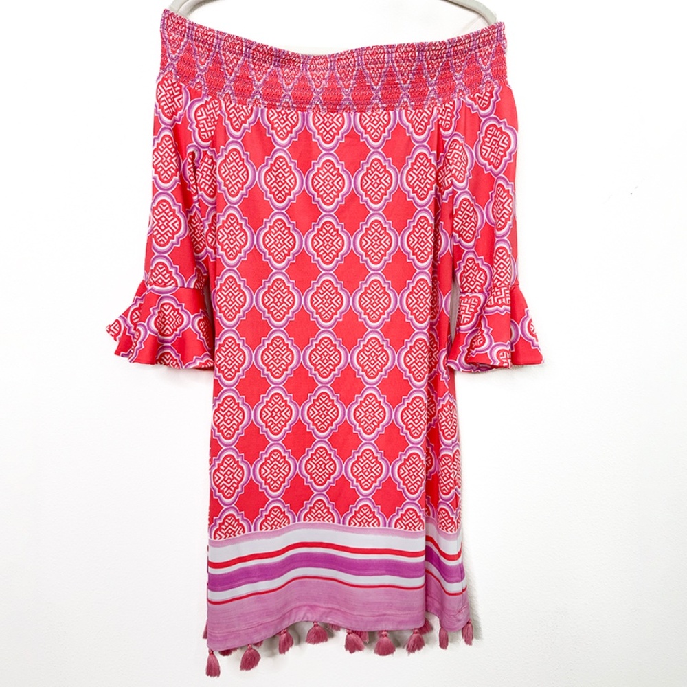 Cabana Life Pink and Red Off-Shoulder Tassel Hem Dress